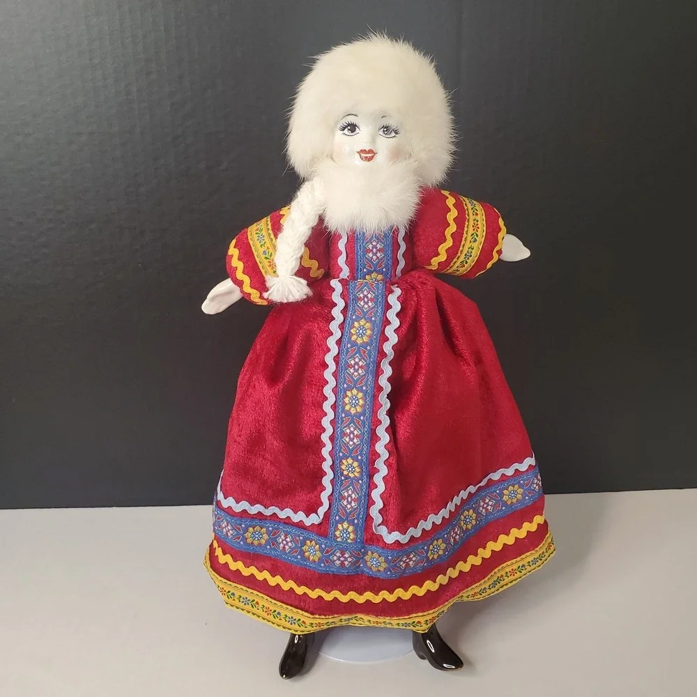 Russian Folk Costume Doll Porcelain Face Hands Feet Red Velvet Dress Fur Hat 16